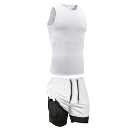 Men's Workout Running Athletic Clothing Set Sleeveless Compression Shirt Tank Top 2-in-1 Gym Shorts with Phone Pocket Towel Loop