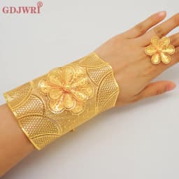 France Luxury Chain Cuff Bangle & Ring For Women Dubai Gold Color Indian Moroccan Big Bracelet Jewelry Arabic African Wedding
