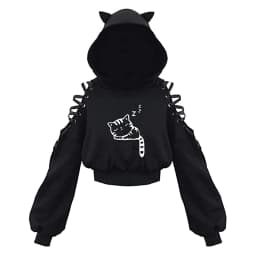 Combhasaki Women's Y2K 3D Cat Ear Hooded Pullover Tops Gothic Ribbon Lace-up Hollow Out Shoulder Long Sleeve Cropped Sweatshirts