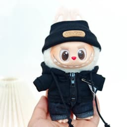 15/17cm Labubu Doll Clothes 1st/2nd/3rd Gen Fit Mr. Black Bear Hoodie Set with Headphone Plush Toy Outfits Halloween Decor