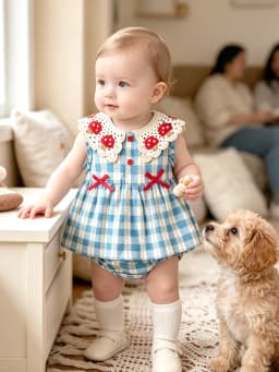 Crocheted Blue-and-White Checkered Sleeveless Rompers with Mushroom Collar and Bow for Baby Girls—Spring/Summer Style