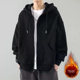 Men's Spring Autumn Winter Fleece Lined Hooded Open Cardigan Jacket Trendy Casual Loose Top Zipper Style Youth Popular