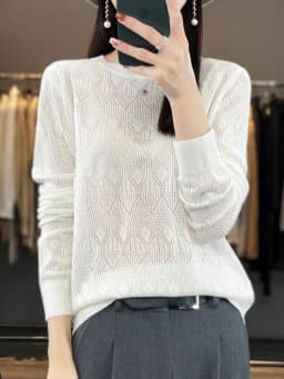 New Women Wool Blend Sweater Spring O-neck Geometric Hollow Pullover Fashion Soft Sweater Loose Casual Knit Base Tops