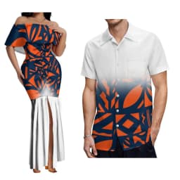 2024 New Hawaiian Gradient Polynesian Island Couple Set Women'S Off-The-Shoulder Dress Party Fishtail Skirt With Men'S Shirt