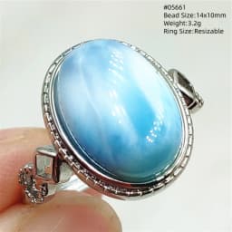 Natural Blue Larimar Oval Adjustable Ring Jewelry Water Pattern Real Larimar For Women Men Healing Fashion Stone AAAAAA