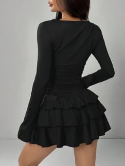 Autumn Winter Solid Color Slim Fit Cascading Ruffles Mini Dress Women Elegant Flare Sleeve High Waist Sexy Party Bodycon Dresses