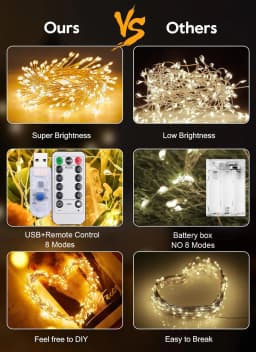 USB LED Firecracker String Lights Outdoor Garden Fairy Lights 8 Modes Copper Wire LED Lights for Wedding Party Christmas Decor