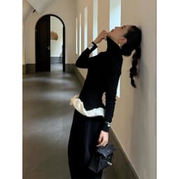 Vintage Black Turtleneck Sweater Women Ruffles Patchwork Knitted Pullovers Korean Elegant Knitwears Autumn Winter Design Jumpers