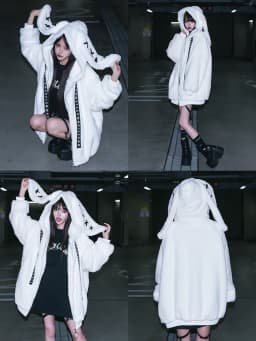 Trendy Womens Black Cute Bunny Ear Collar Zip Up Jacket Y2K Kawaii Oversized Plush Coat Street Style Plush Bunny Ear Warm Coat