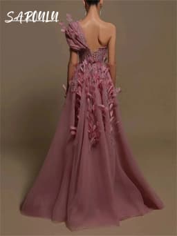 A Line Tulle Evening Dress One Shoulder With 3D Appliques Sequined Women Prom Dresses Wedding Party Gown Birthday New Year Robe