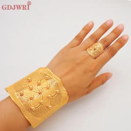 France Luxury Chain Cuff Bangle & Ring For Women Dubai Gold Color Indian Moroccan Big Bracelet Jewelry Arabic African Wedding