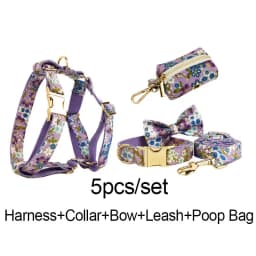 Adjustable Dog Harness Printed Purple Soft Cotton Personalized Dog Collar Leashes Harness Bow Set Dog Accessories Flowers 03