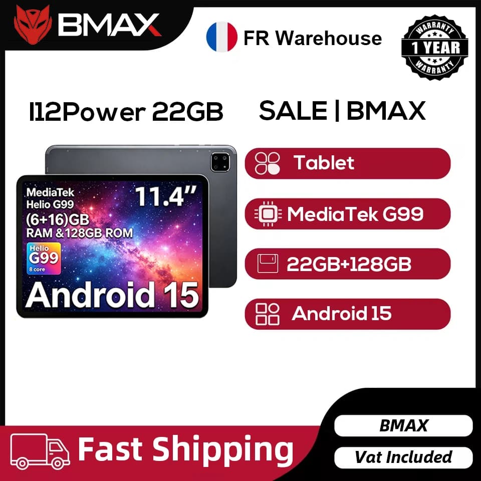 BMAX I12 Power Tablet 11.4" 2.4K IPS 90Hz Display MediaTek Helio G99 8-core 22(6GB+16GB) RAM 128GB ROM 8000mAh Type-C Android 15 Tablets 4G LTE GPS WiFi Support Dual SIM