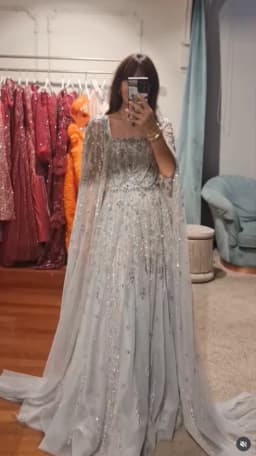 MisShow Customized Silver Gray Wedding Dress - Square Neckline with Crystal Beading, Sheer Cape Sleeves & Sparkling A Line Skirt