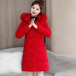 Detachable Fur Collar Thickened down Cotton Jacket Slimming Mid-Length Women's Korean Style Commute Pure Color Coat with Pocket