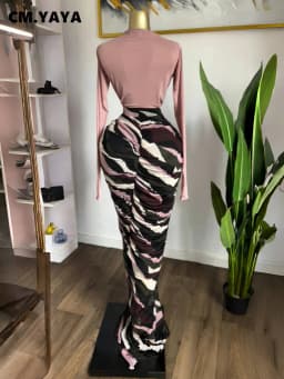CM.YAYA Women Tie Dye Print Mesh Patchwork Ruched Bodycon Maxi Long Dress 2026 Spring Evening Education Vacation Prom Dresses