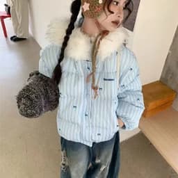 Women's Winter Tops Jacket Cotton Coat Striped Bow Thickened Warm Vintage Simple Comfortable Leisure Fashion New Niche Versatile