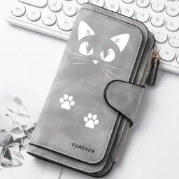 Featuring a cat motif this women's long wallet offers multiple card slots a coin pocket and a cell phone pouch A perfect gift