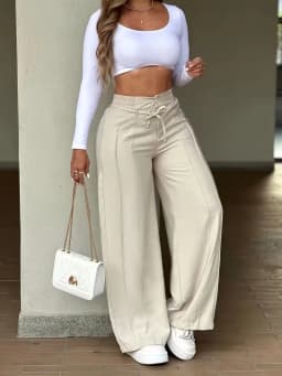 High Waist Solid Color Wide Leg Pants Autumn Chic Loose Elegant Lace-up Long Pant Office Ladies Straight Holiday Women Trousers