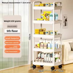 5-Tier Rolling Storage Cart with Wheels - Mobile Multi-Purpose Organizer for Kitchen, Bathroom, Bedroom, Snacks & Books