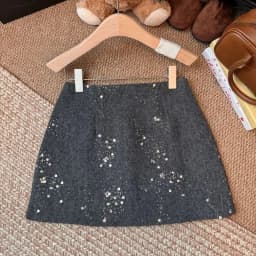Matakawa Woolen Skirts for Women Sequins A-line Solid Versatile Mini Skirt Autumn Winter Korean Fashion Elegant Faldas Mujer