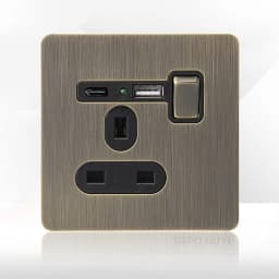 Retro Metal Brushed Antique Stainless Steel Push Button Switch Panel UK 13A Socket with USB Phone Charging for Home Improvement