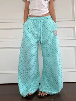Y2K American 2000s Vintage Teal Turquoise Polka Dot Sweatpants Women Wide Leg Baggy Joggers Drawstring Elastic Lounge Pants