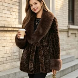 Tie Waist Faux Fur Coat Leopard Pattern Shawl Lapel Furry Cuff Splicing Long Sleeve Loose Chic Jacket 2026 Women's Fashion Coats