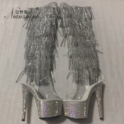 Gold Gothic Stripper Heels Over The Knee Boots 7Inch Fringe Rhinestone High Heels Exotic Dancer 17cm Over The Knee Boots Catwalk