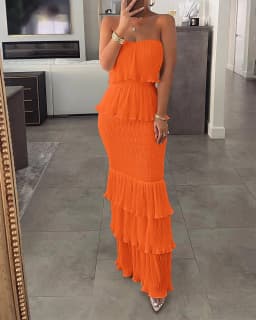 Women's Sexy Slim Fit Pleated Ruffled Edge Boho Dresses, Monochromatic, Bra Tie, Lady, Temperament