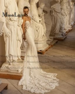 Moonlight Glitter Sweetheart Wedding Dresses Button Sleeveless Lace Appliques Mermaid Bridal Gown Vestido De Noiva Customized