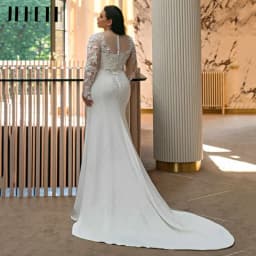JEHETH Mermaid Scoop Wedding Dresses Plus Size Satin Full Sleeves Bridal Gowns Simple Appliques Exquisite Lace Customized