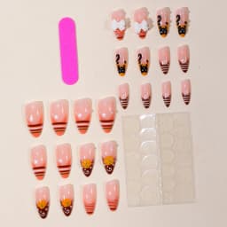 24pcs Cute Cartoon Black Cat Press On Nails 3D White Bowknots Pumpkin Pattern False Nails Stripes French Style Almond Fake Nail