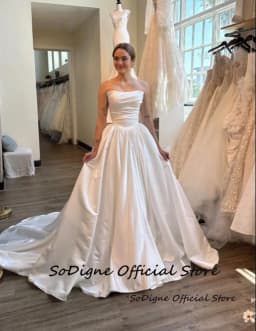 SoDigne A-line Satin Simple Wedding Dresses Strapless Sleeveless Bridal Dress Long Wedding Gown Robe De Mairee Customized