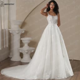 BEPEITHY Customized Spaghetti Straps A Line Glitter Beach Wedding Dresses 2025 Women Sleeveless Boho Bride Lace Bridal Gown