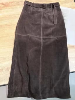 Retro Ladies Solid Color Genuine Leather Suede Long Skirts 88cm High Waist Belt Sheepskin Handmade Knee Length Skirt Vintage