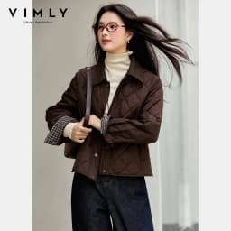VIMLY Women's Vintage Quilted Jacket 2026 Winter Warm Parkas Plaid Spliced Cuff Long Sleeve Lady Outerwear Woman Clothes A2796