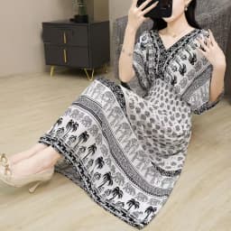n Long Print Dr V-Ne Slimming Cotton Silk Beachwear Casual High Waist Summer Women's Loose Fit Overhead Dr