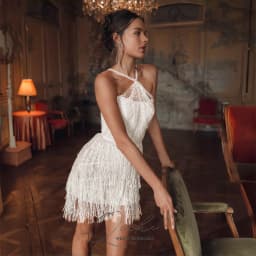QICHE Customized Luxury Short Sheath Wedding Dress Simple Tassel Ivory Sexy Backless Sleeveless Pleat Halter Mini Bridal Gown