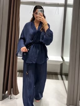 Casual Pleated Cardigan Pants Set V-neck Drop Shoulder Flared Sleeves Belt Waist Shirt Wide Leg Pants 2026 Chic Lightweight Sets