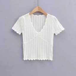 Women V Neck Knitted Crochet Tee With