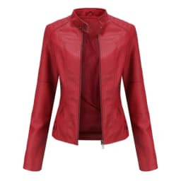 Women's Red PU Jacket, Vertical Collar Zipper Motorcycle Leather Coats, Fashion Casual Coat Female Outerwear, Black Purple Top.