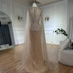 Serene Hill 2025 Customized Nude Cape Sleeves Beaded Saudi Arabic Evening Dresses Gowns for Formal Occasion LA72575A