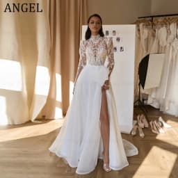 ANGEL A-Line Applique Wedding Dress Customized Long Sleeves Tulle Bride Gown High Neck Illusion Bride Gowns vestidos de novia