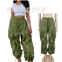 FAGADOER Casual Ruched Patchwork Lantern Sleeve Pants Women High Waist Drawstring Patchwork Pants Female Streetwear Trousers New