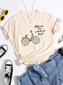 Women's Tshirt Daisy Bike Personalized Text T-Shirts Crewneck Vintage Short Sleeve Tops Korean Style Solid Color Women Tshirt