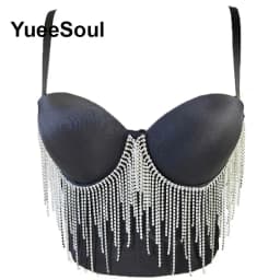 Black Y2K Tops White Rhinestone Sequins Tassel Slim Crop Top New Gothic Party Club Wedding High Street Sexy Corset Top Camis