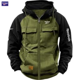 2026 Reebok New Autumn-Winter Men's Hooded Patchwork Casual Sweatshirt, Loose-Fit Fashionable Youth Multi-Pocket Padded Hoodie