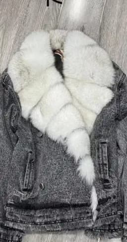 Denim Coat with Real Large Fox Fur Collar for Women, Furry Jacket, Fluffy Suit, Luxurious Brown and Yellow Coat, Winter Fashion