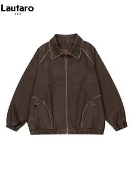 Lautaro Spring Autumn Cool Retro Oversized Distressed Black Soft Faux Leather Jackets for Women Zipper Maillard Style Clothes